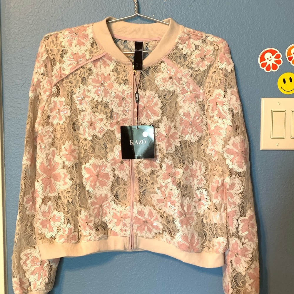 Bomber lace crotchet jacket pink sequins